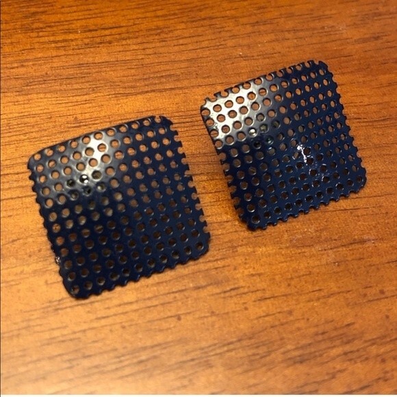 80s Vintage Mesh Button Earrings Navy Blue Square Studs - Picture 2 of 6